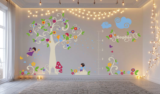 Giant Large Fairy Wall Decal: Fairy Tree with Flowers, Stars, and Growth Chart - Enchanting Wall Decal Set
