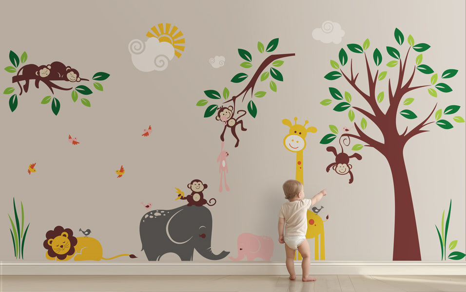 Charming King of the Jungle - Baby Nursery Wall Decals with Lion, Giraffe Elephants and Monkeys