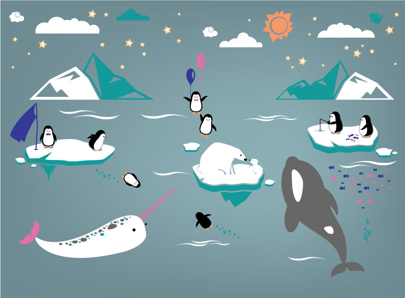 Arctic and Antarctic Animal Friends Nursery Wall Decals: Penguin, Bear Cubs, Orca Whale, Narwhal Vinyl Stickers