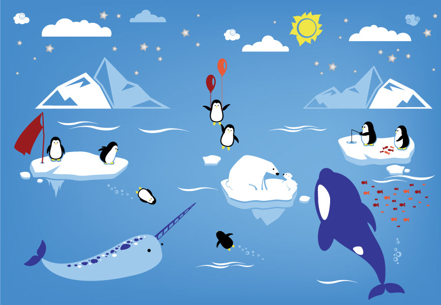 Arctic and Antarctic Animal Friends Nursery Wall Decals: Penguin, Bear Cubs, Orca Whale, Narwhal Vinyl Stickers