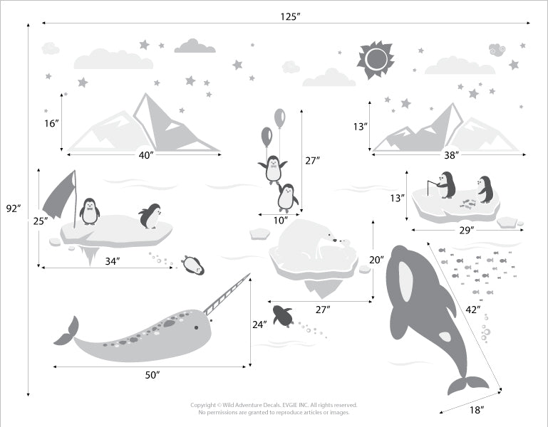 Arctic and Antarctic Animal Friends Nursery Wall Decals: Penguin, Bear Cubs, Orca Whale, Narwhal Vinyl Stickers