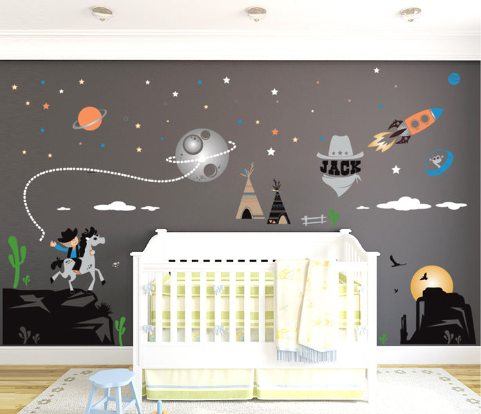 Galactic Riders: Kids Room Decal & Wall Art with Cowboy and Aliens