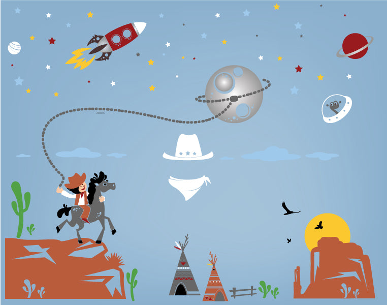 Galactic Riders: Kids Room Decal & Wall Art with Cowboy and Aliens