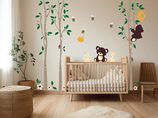 Cute Baby Wall Decals: Bears, Honey Jar, Bee Hive, Bumble Bees, Trees, and Bunnies for Children's Playroom Décor