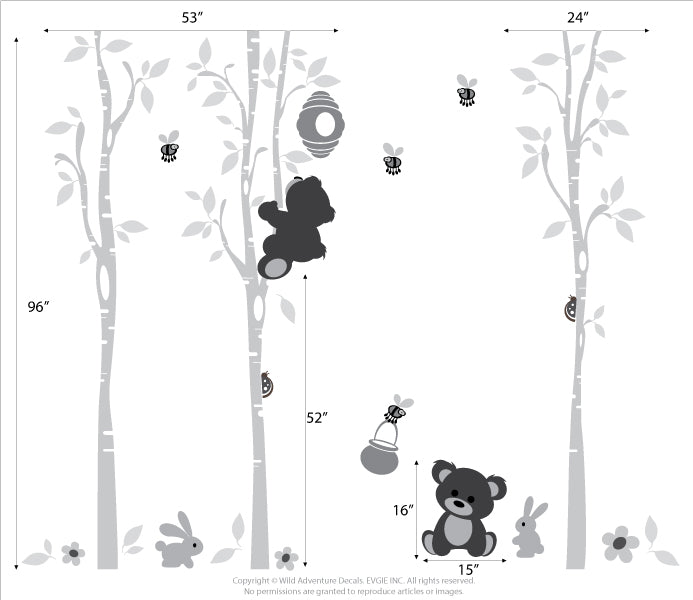 Cute Baby Wall Decals: Bears, Honey Jar, Bee Hive, Bumble Bees, Trees, and Bunnies for Children's Playroom Décor
