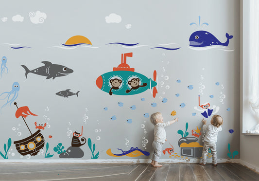 Great Barrier Reef Wall Decals - Underwater Ocean Friends and Sea Life Wall Stickers - Scuba Divers with Cats and Monkeys