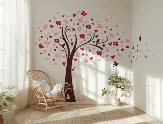 Cherry Blossom Tree - Whispering Blossoms and Fluttering Birds Wall Decal