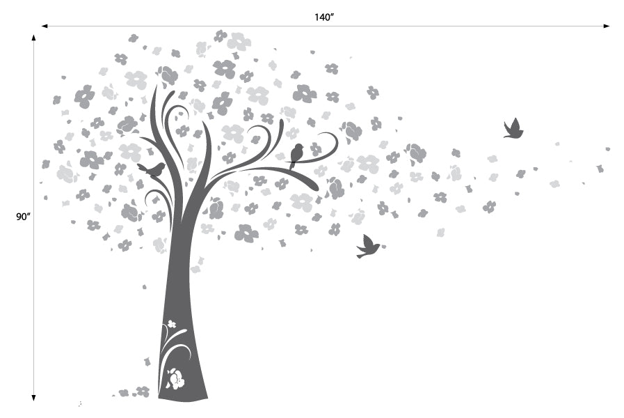 Cherry Blossom Tree - Whispering Blossoms and Fluttering Birds Wall Decal