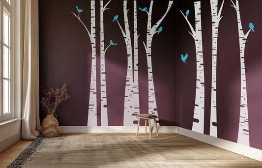 Birch Trees with Birds Wall Decal - Large White Tree Wall Sticker
