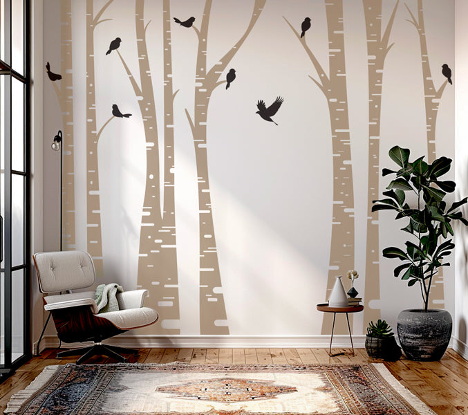 Birch Trees with Birds Wall Decal - Large White Tree Wall Sticker
